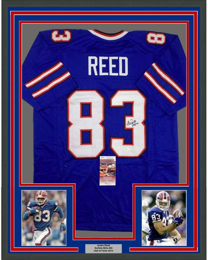 Framed Autographed/Signed Andre Reed HOF 14 35x39 Buffalo Blue Football Jersey JSA COA