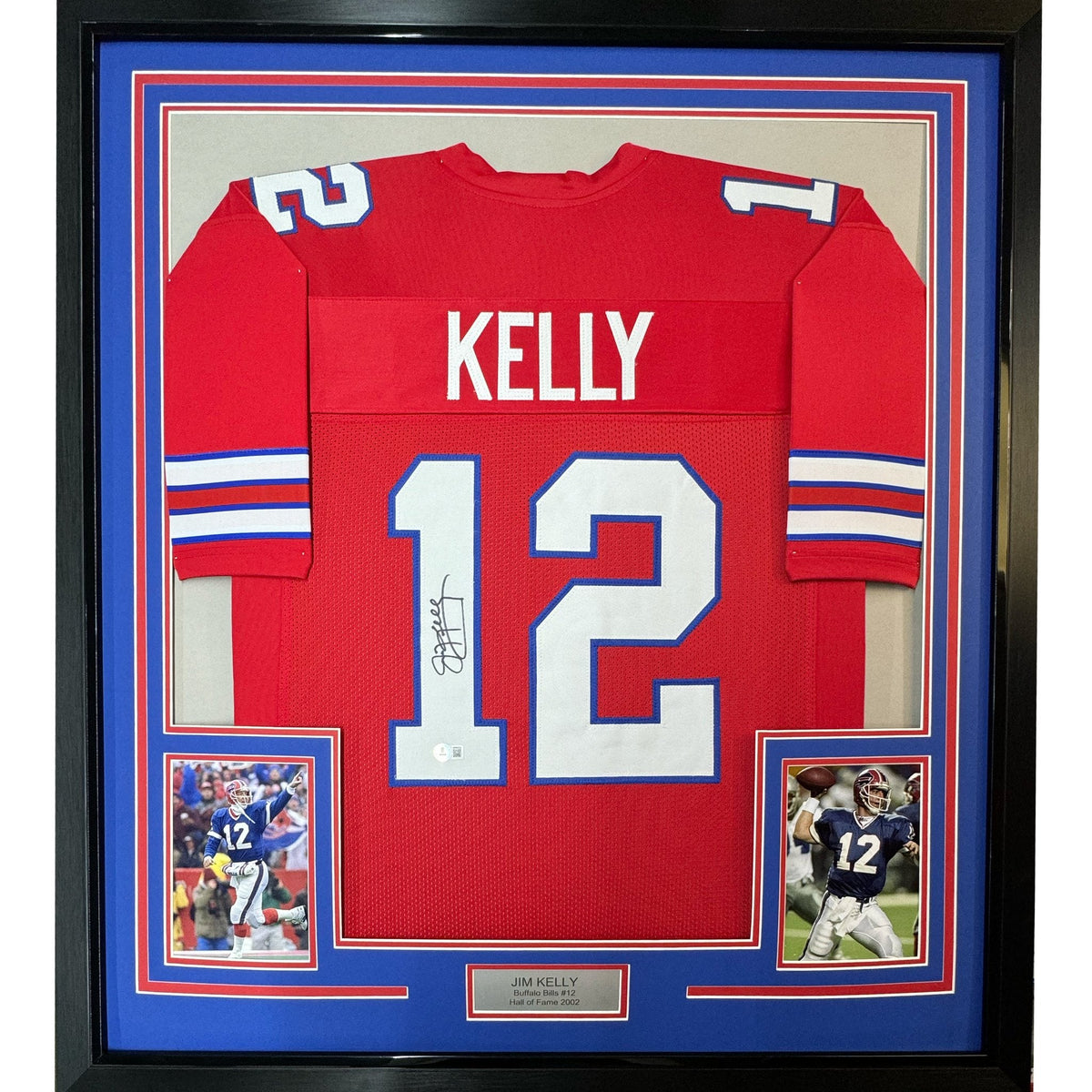 Framed Autographed/Signed Jim Kelly 35x39 Buffalo Bills Red Football Jersey JSA COA