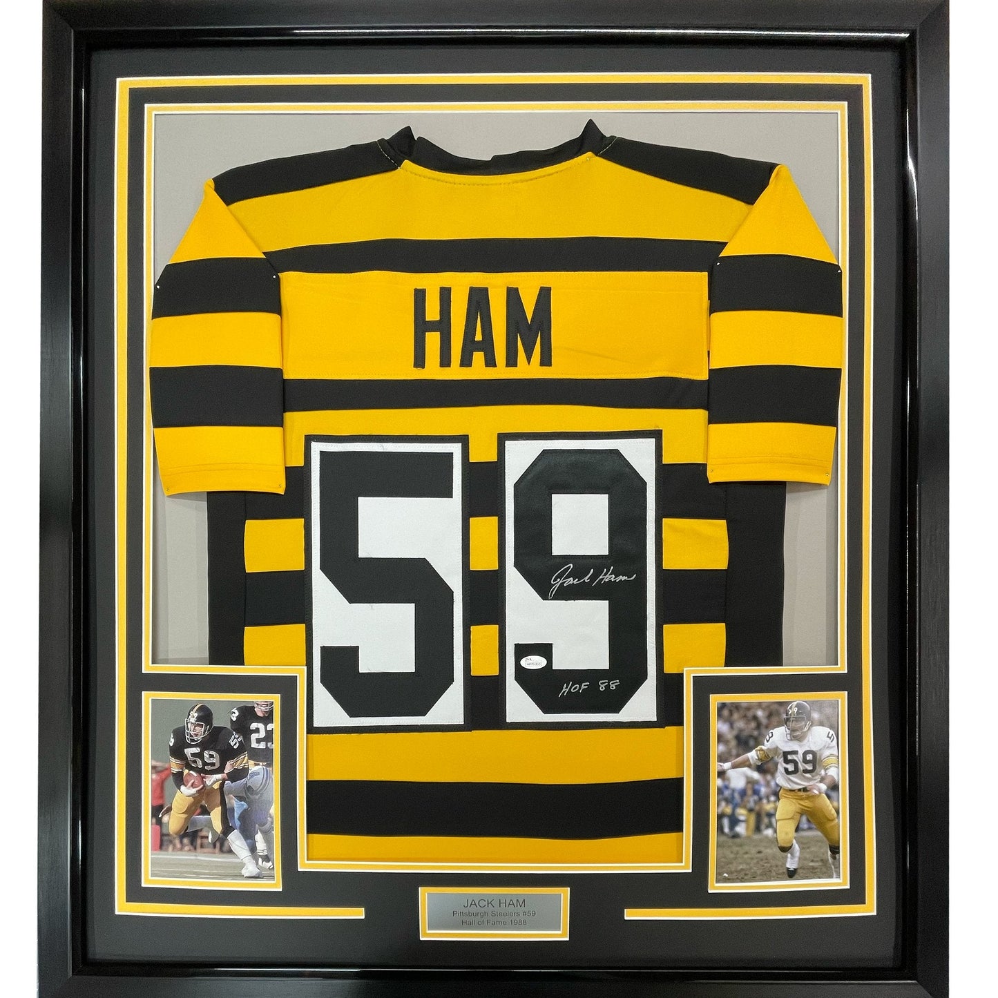 Framed Autographed/Signed Jack Ham HOF 88 35x39 Pittsburgh Bumble Bee Football Jersey JSA COA