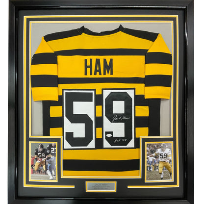 Framed Autographed/Signed Jack Ham HOF 88 35x39 Pittsburgh Bumble Bee Football Jersey JSA COA