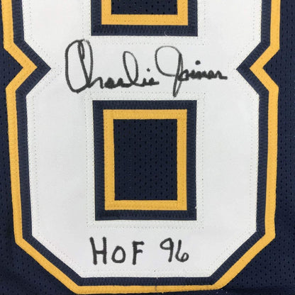 Autographed/Signed Charlie Joiner HOF 96 San Diego Dark Blue Football Jersey JSA COA