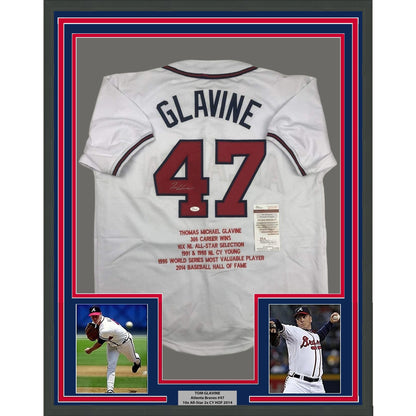 Framed Autographed/Signed Tom Glavine 35x39 Atlanta White Stat Baseball Jersey JSA COA