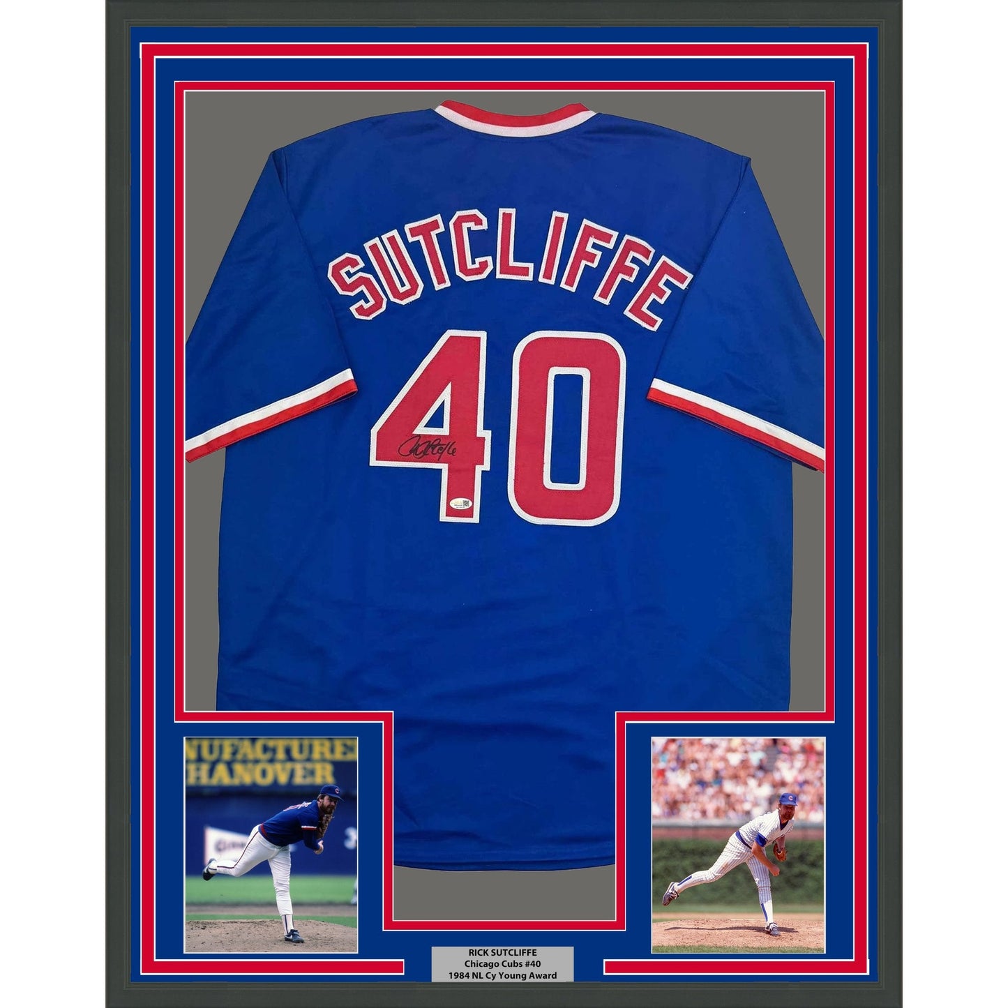Framed Autographed/Signed Rick Sutcliffe 35x39 Chicago Blue Baseball Jersey Beckett BAS COA