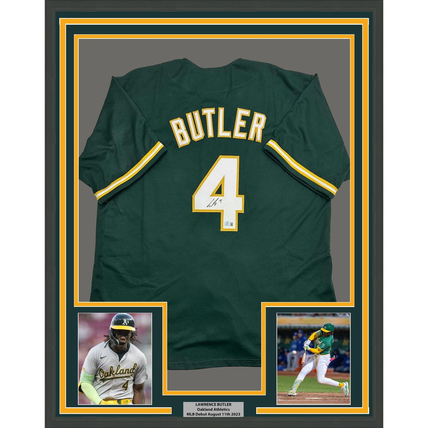 Framed Autographed/Signed Lawrence Butler 35x39 Oakland Green Baseball Jersey Beckett BAS COA