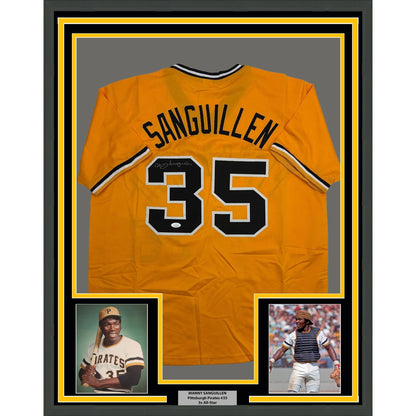 Framed Autographed/Signed Manny Sanguillen 35x39 Pittsburgh Yellow Baseball Jersey JSA COA