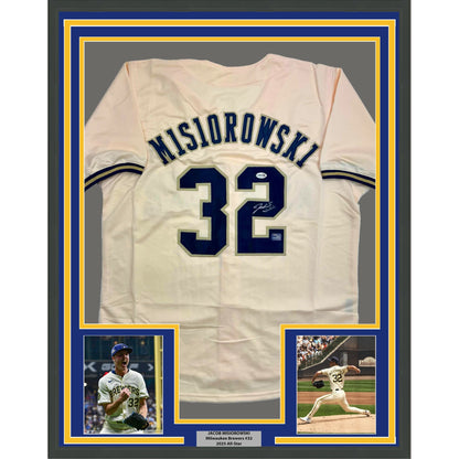 Framed Autographed/Signed Jacob Misiorowski 35x39 Milwaukee Cream Baseball Jersey JSA COA