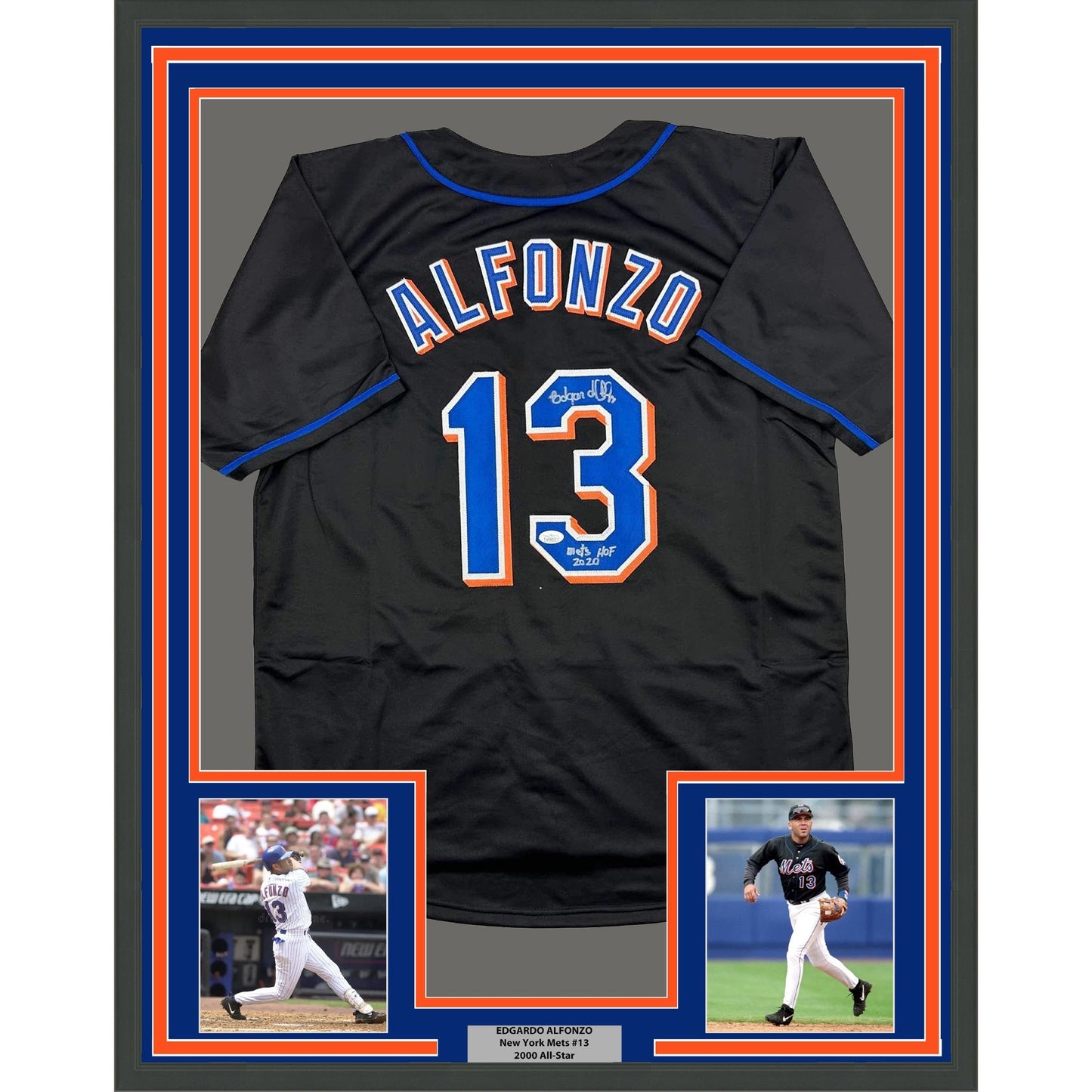 Framed Autographed/Signed Edgardo Alfonzo 35x39 New York Black Baseball Jersey JSA COA