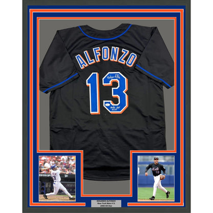 Framed Autographed/Signed Edgardo Alfonzo 35x39 New York Black Baseball Jersey JSA COA