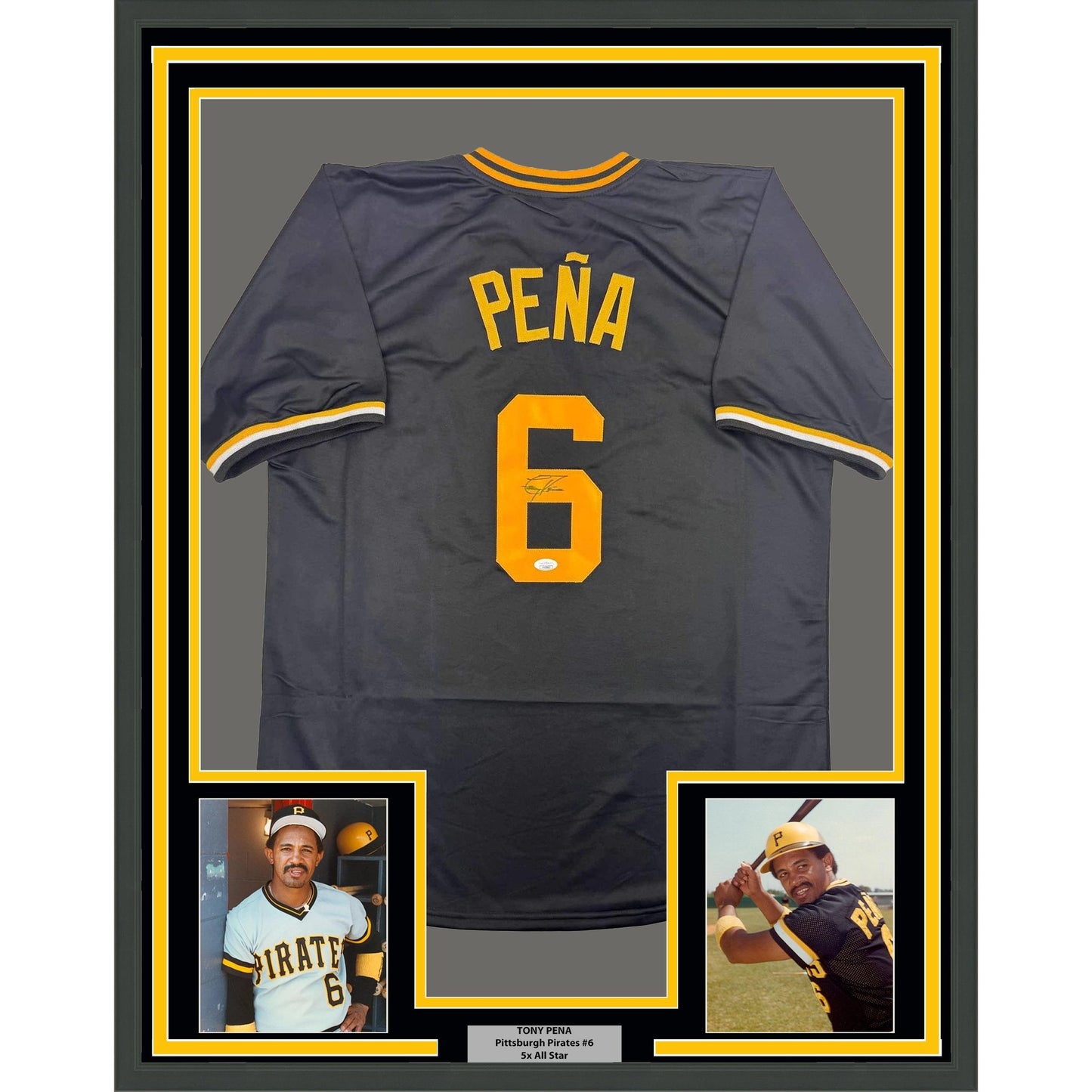 Framed Autographed/Signed Tony Pena 35x39 Pittsburgh Black Baseball Jersey JSA COA
