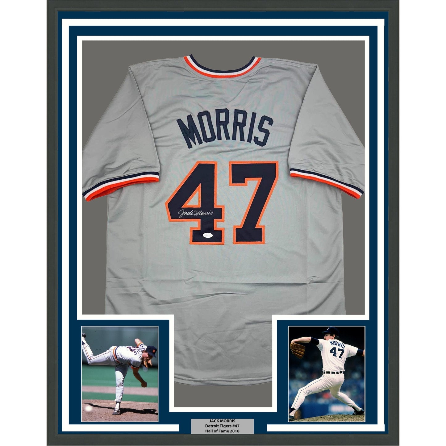 Framed Autographed/Signed Jack Morris 35x39 Detroit Grey Baseball Jersey JSA COA