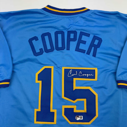 Autographed/Signed Cecil Cooper Milwaukee Blue Baseball Jersey Beckett BAS COA