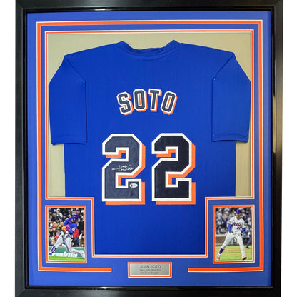 Framed Autographed/Signed Juan Soto 35x39 New York Blue Baseball Jersey Beckett BAS COA