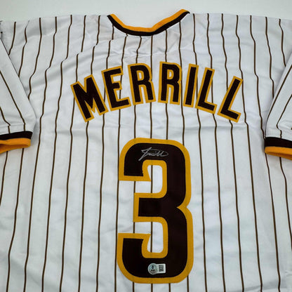 Autographed/Signed Jackson Merrill San Diego Pinstripe Baseball Jersey Beckett BAS COA