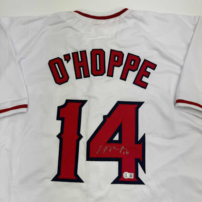 Autographed/Signed Logan O'Hoppe Los Angeles LA Anaheim White Baseball Jersey Beckett BAS COA