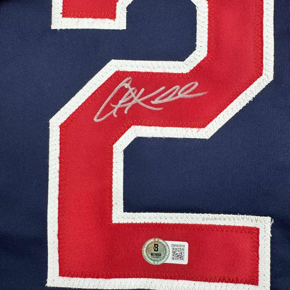 Framed Autographed/Signed Corey Kluber 35x39 Cleveland Blue Baseball Jersey Beckett BAS COA