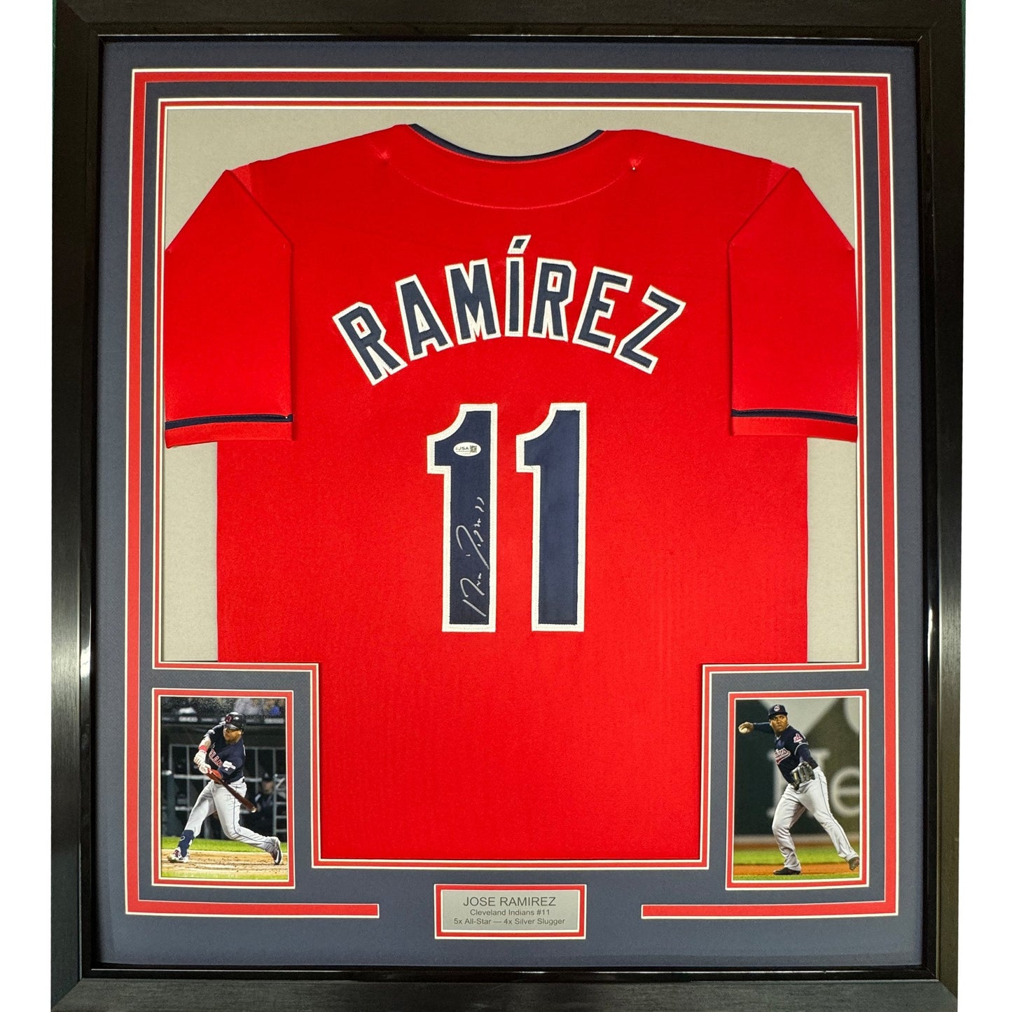 Framed Autographed/Signed Jose Ramirez 35x39 Cleveland Red Baseball Jersey JSA COA