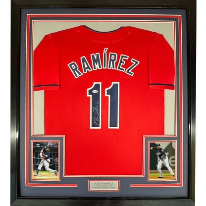 Framed Autographed/Signed Jose Ramirez 35x39 Cleveland Red Baseball Jersey JSA COA