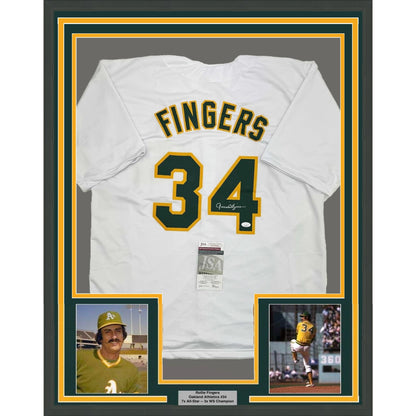 Framed Autographed/Signed Rollie Fingers 35x39 Oakland White Baseball Jersey JSA COA