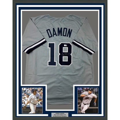 Framed Autographed/Signed Johnny Damon 35x39 New York Grey Baseball Jersey Beckett BAS COA