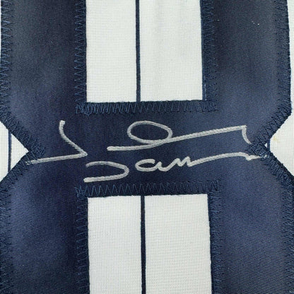 Autographed/Signed Johnny Damon New York Pinstripe Baseball Jersey Beckett BAS COA