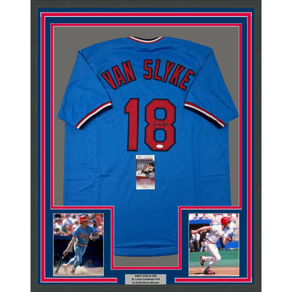 Framed Autographed/Signed Andy Van Slyke 35x39 St. Louis Blue Baseball Jersey JSA COA