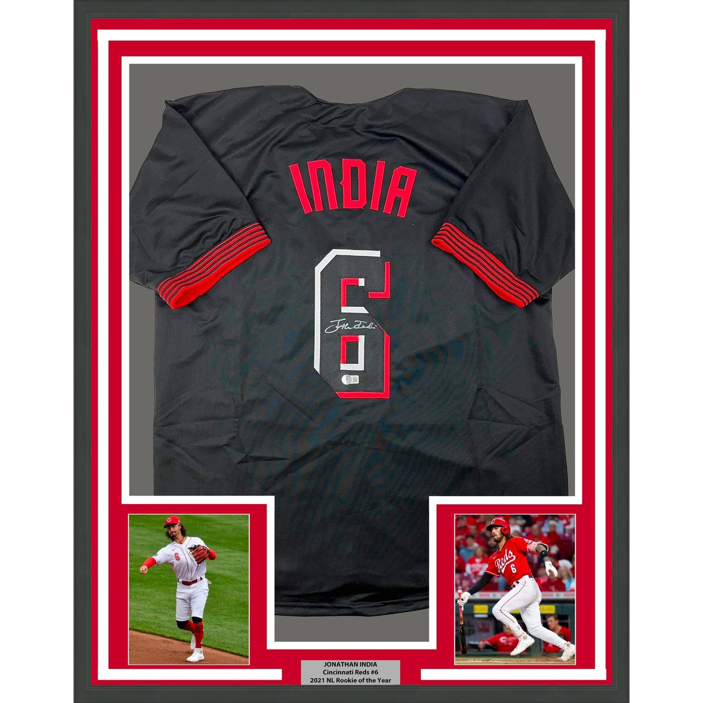 Framed Autographed/Signed Jonathan India 35x39 Cincinnati Black City Connect Baseball Jersey Beckett BAS COA