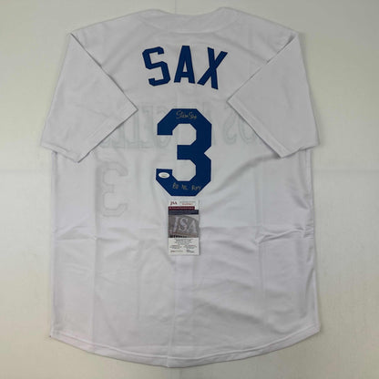 Autographed/Signed Steve Sax Los Angeles LA White Baseball Jersey JSA COA