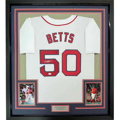 Framed Autographed/Signed Mookie Betts 35x39 Boston White Baseball Jersey JSA COA