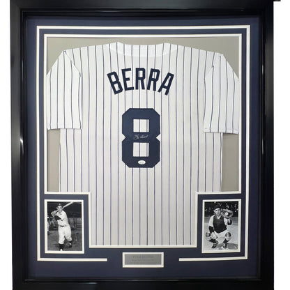 Framed Autographed/Signed Yogi Berra 35x39 New York Pinstripe Baseball Jersey JSA COA