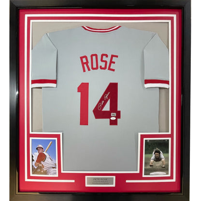 Framed Autographed/Signed Pete Rose 35x39 Cincinnati Grey Baseball Jersey JSA COA