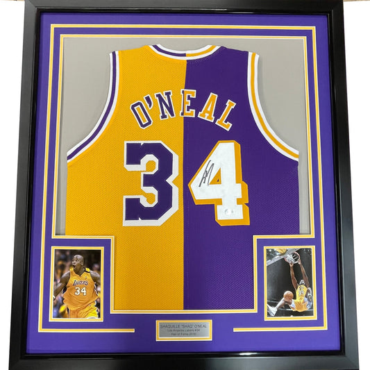 Framed Autographed/Signed Shaquille Shaq O'Neal 35x39 Los Angeles LA Split Basketball Jersey Beckett BAS COA