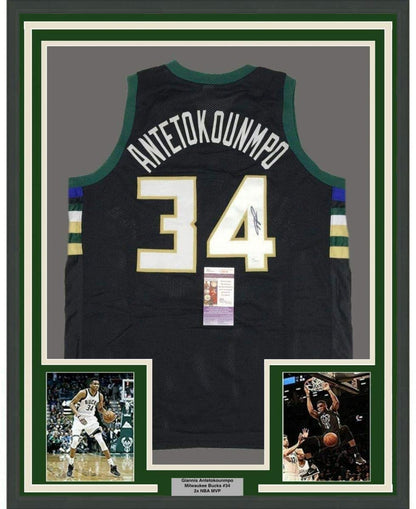 Framed Autographed/Signed Giannis Antetokounmpo 35x39 Milwaukee Black Basketball Jersey JSA COA