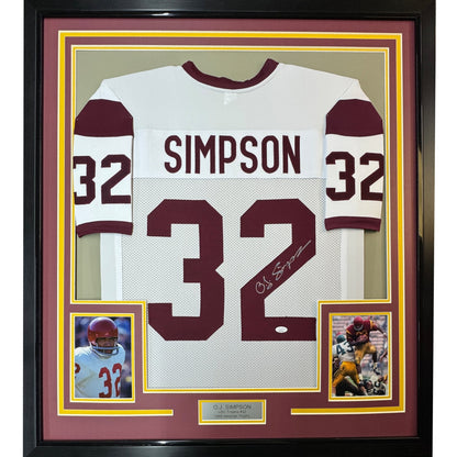 Framed Autographed/Signed OJ O.J. Simpson 35x39 USC Trojans White College Football Jersey JSA COA