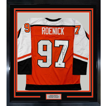 Framed Autographed/Signed Jeremy Roenick 35x39 Philadelphia Orange Hockey Jersey Beckett BAS COA