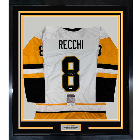 Framed Autographed/Signed Mark Recchi 35x39 Pittsburgh White Hockey Jersey JSA COA
