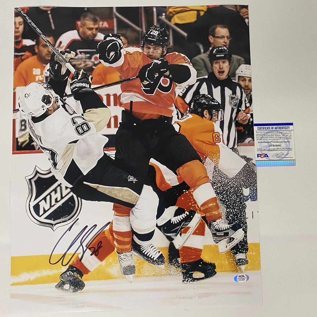 Autographed/Signed Claude Giroux Philadelphia Flyers Sidney Crosby Hit 16x20 Hockey Photo PSA/DNA COA