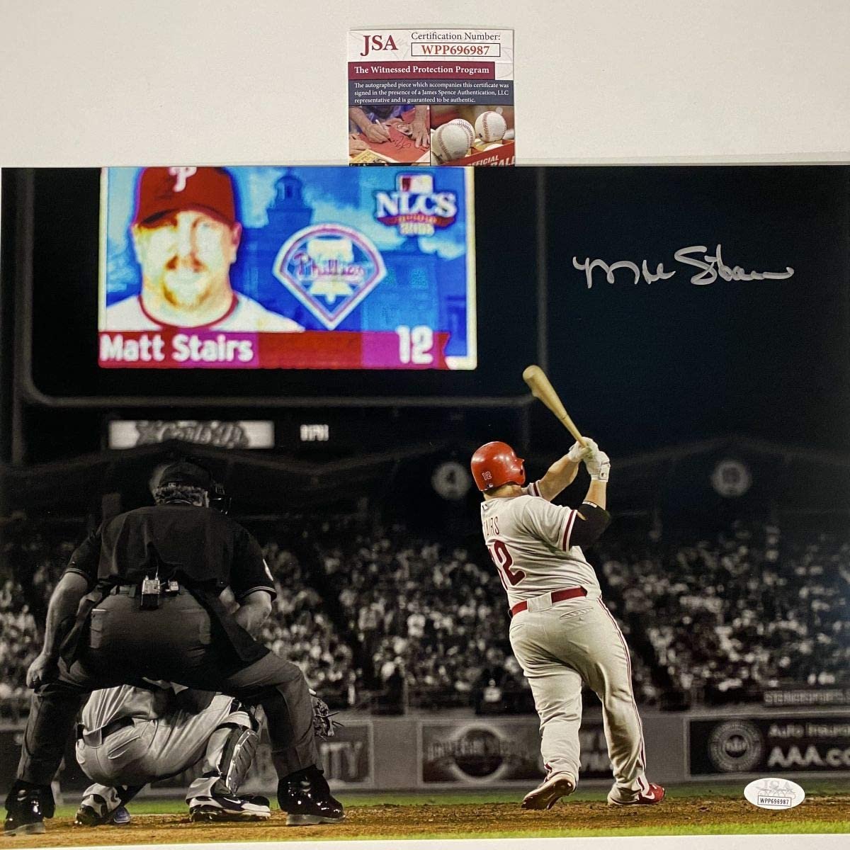 Autographed/Signed Matt Stairs Moon Shot Philadelphia Phillies 11x14 Baseball Photo JSA COA