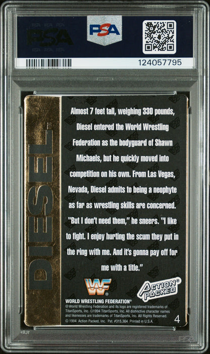 Graded 1994 Action Packed WWF Kevin Nash Diesel #4 Rookie RC Signed Wrestling Card PSA 8 Card - Auto Grade Authentic