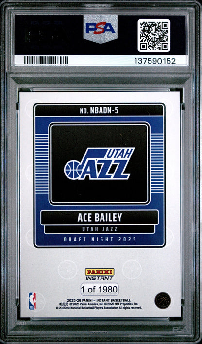 Graded 2025 Panini Instant Ace Bailey #5 Draft Night Rookie RC Basketball Card PSA 10 Gem Mint