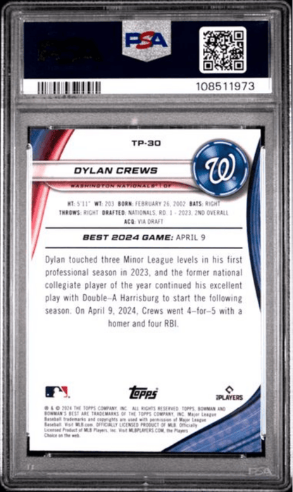 Graded 2024 Topps Bowmans Best Dylan Crews #TP30 Top Prospects Rookie RC Baseball Card PSA 10 Gem Mint