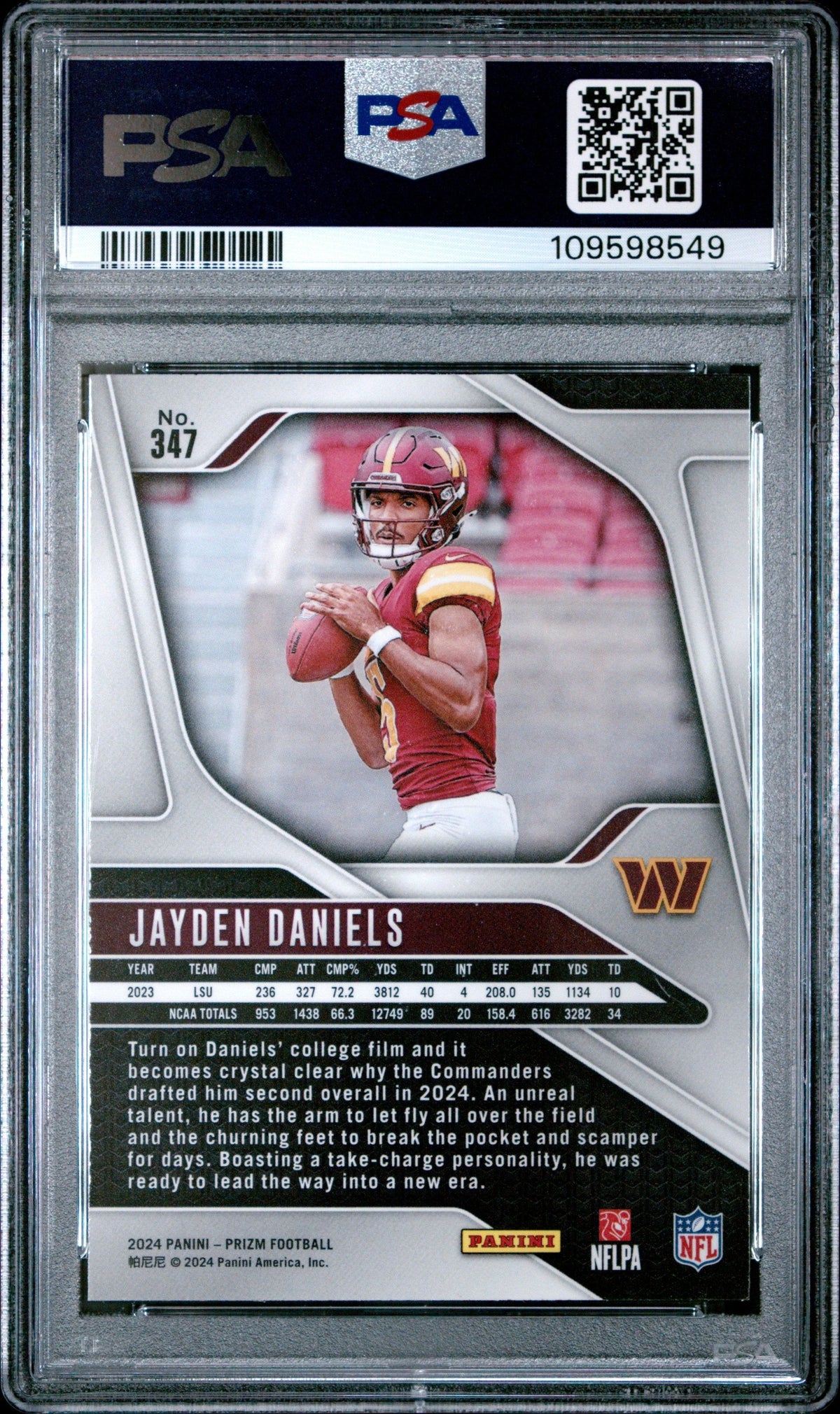 Graded 2024 Panini Prizm Jayden Daniels #347 Rookie RC Football Card PSA 9 Mint