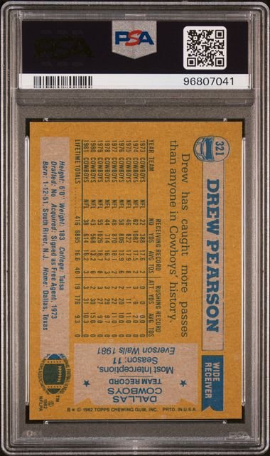 Graded 1982 Topps Drew Pearson #321 Football Card PSA 9 Mint