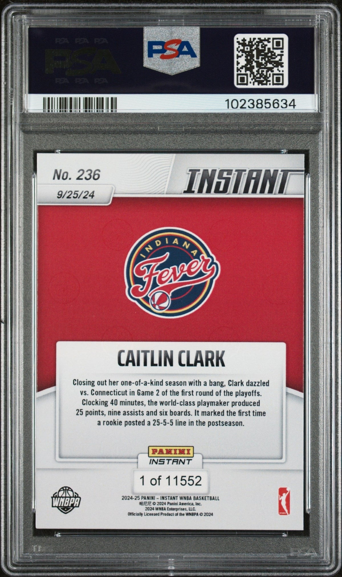 Graded 2024 Panini Instant WNBA Caitlin Clark #236 Rookie RC Basketball Card PSA 10 Gem Mint