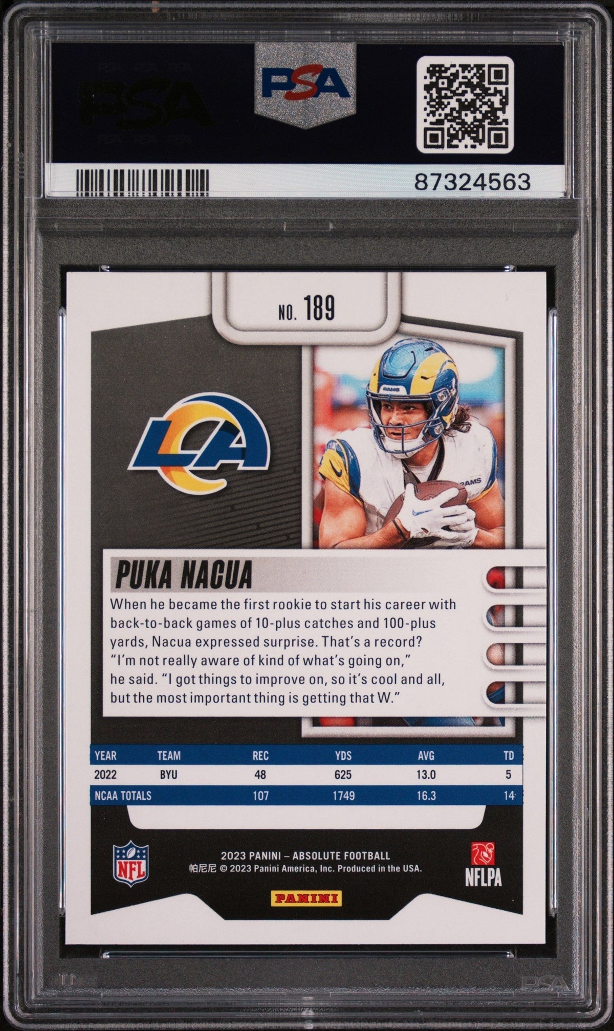 Graded 2023 Panini Absolute Puka Nacua #189 Rookie RC Football Card PSA 10 Gem Mint