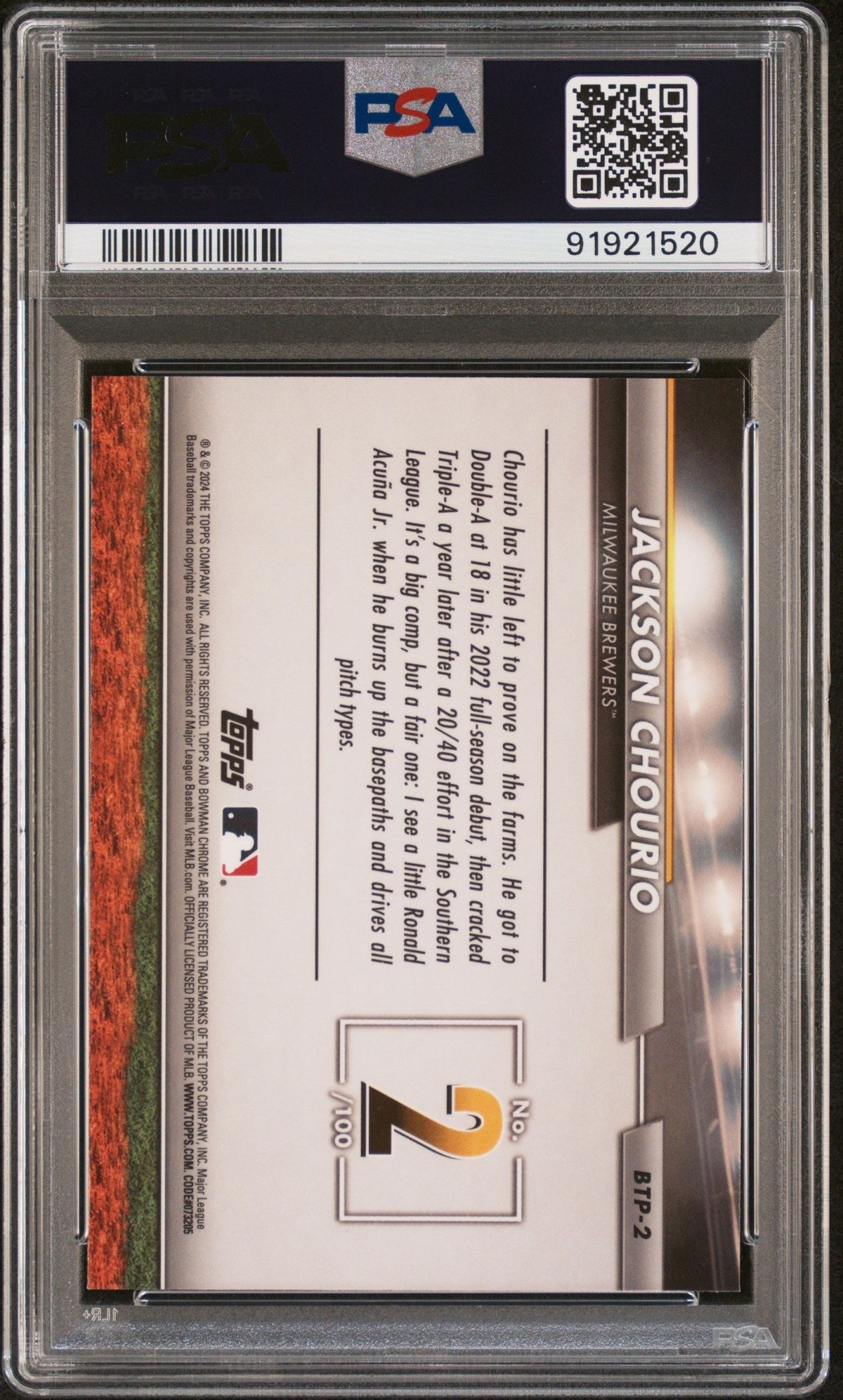 Graded 2024 Topps Bowman Jackson Chourio #BTP2 Scouts Top 100 Rookie RC Baseball Card PSA 10 Gem Mint