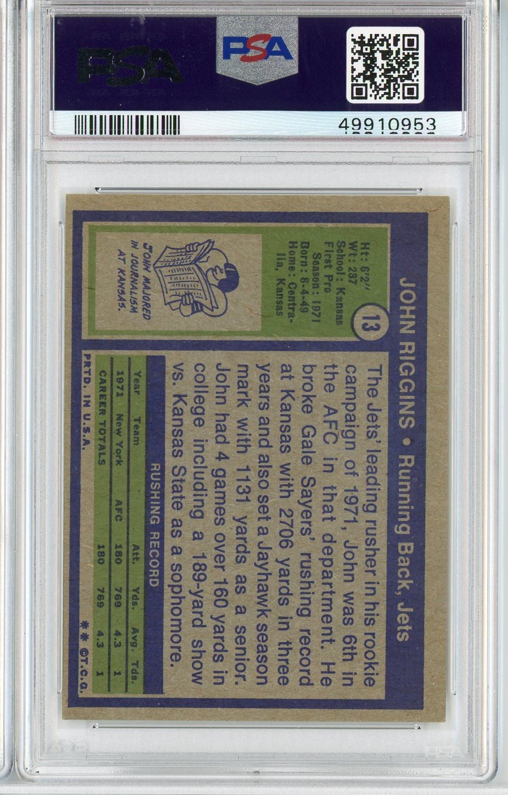 Graded 1972 Topps John Riggins #13 Rookie RC Football Card PSA 6 EX-MT