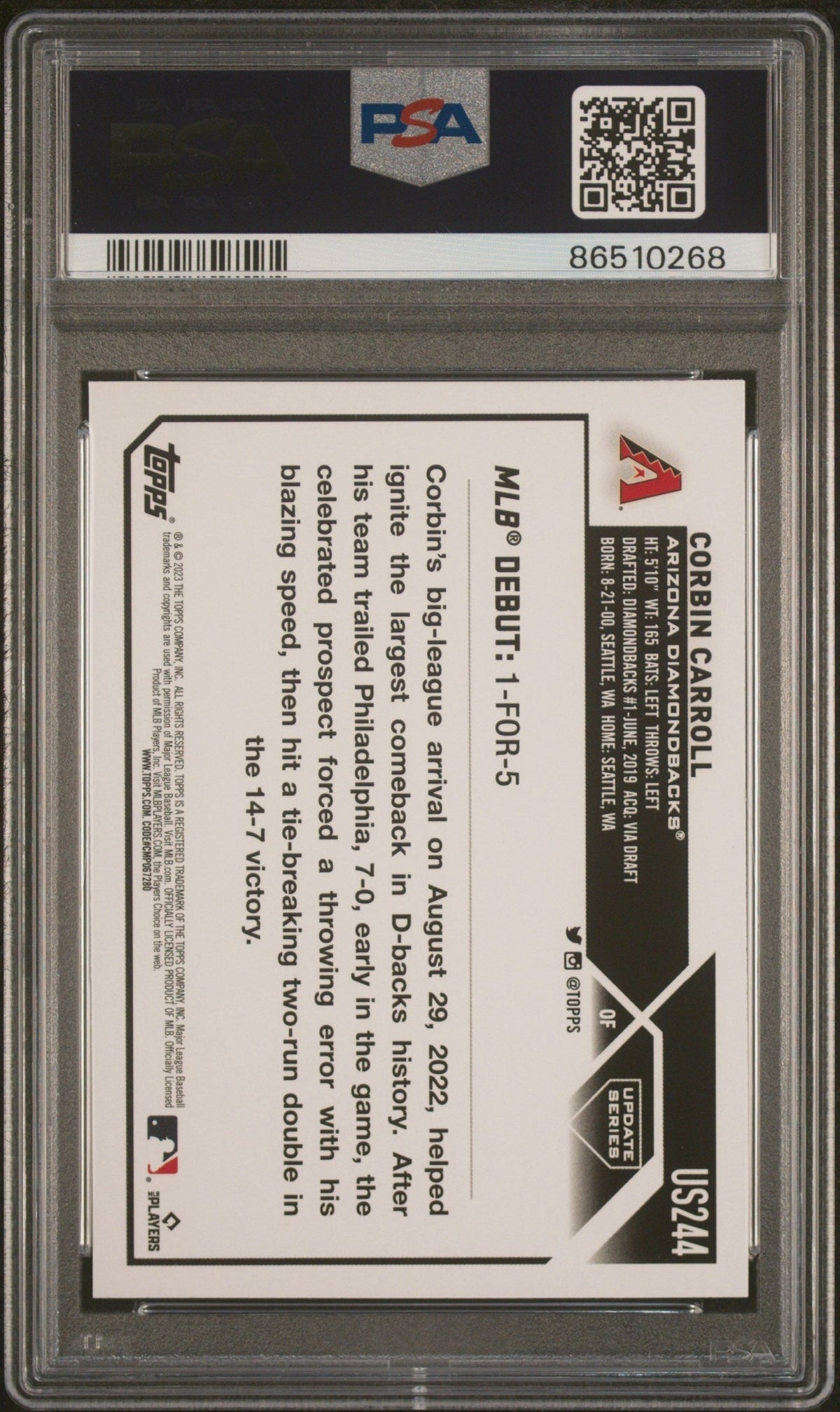 Graded 2023 Topps Update Corbin Carroll #US244 Rookie RC Baseball Card PSA 10 Gem Mint