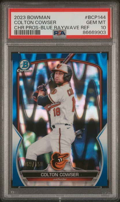 Graded 2023 Topps Bowman Colton Cowser #BCP144 Chrome Prospects Blue Raywave Refractor #/150 Rookie RC Baseball Card PSA 10 Gem Mint