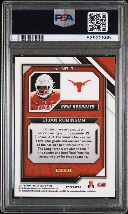 Graded 2023 Panini Prizm Draft Picks Bijan Robinson #NR3 New Recruits Red Ice Rookie RC Football Card PSA 10 Gem Mint