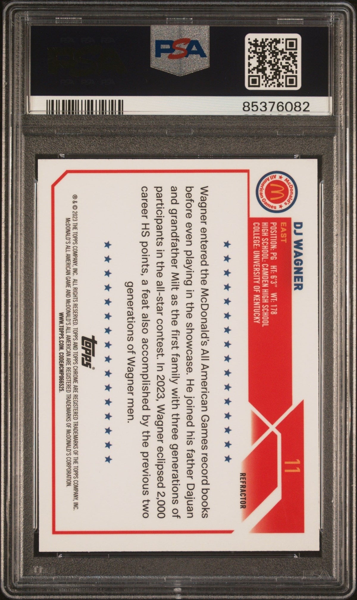 Graded 2023 Topps Chrome DJ Wagner #11 McDonalds AA Refractor Rookie RC Basketball Card PSA 10 Gem Mint